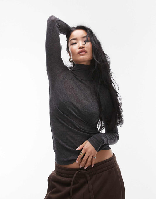 Merino Wool Semi Sheer Slim Fit Top With Long Sleeves And High Neck