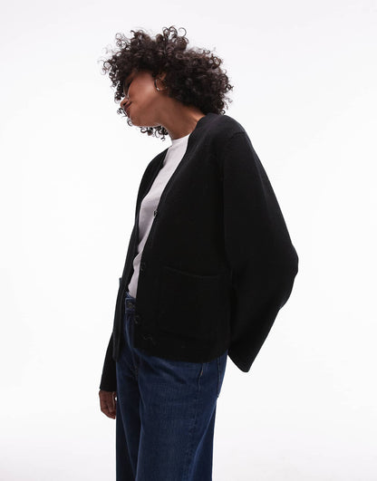 Textured Yarn Wool Cardigan With V-Neck And Front Pockets