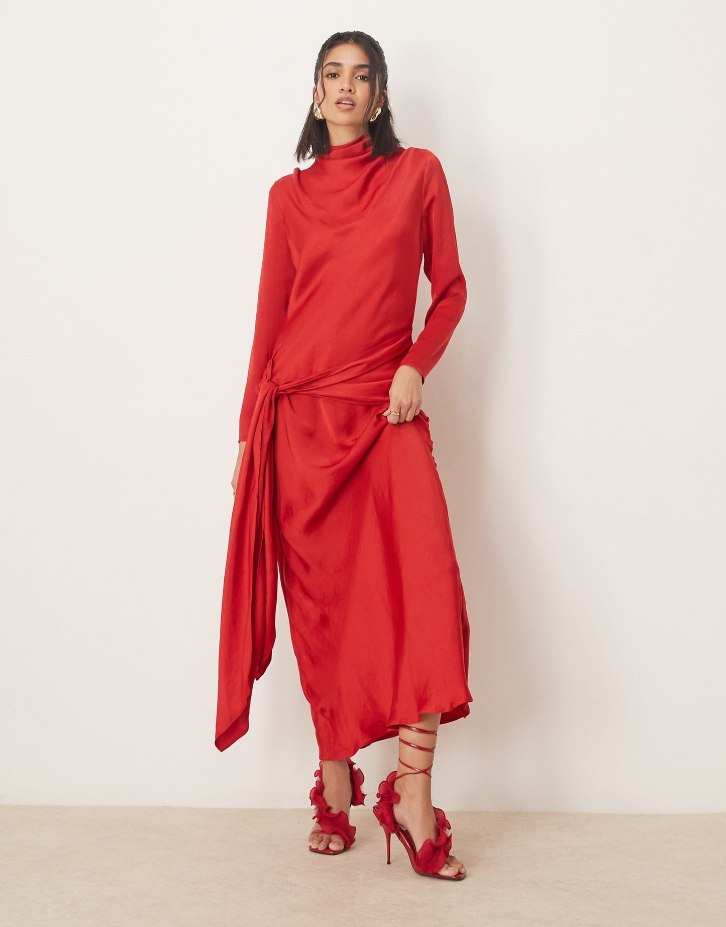 Long Sleeve Satin Tie Front Maxi Dress