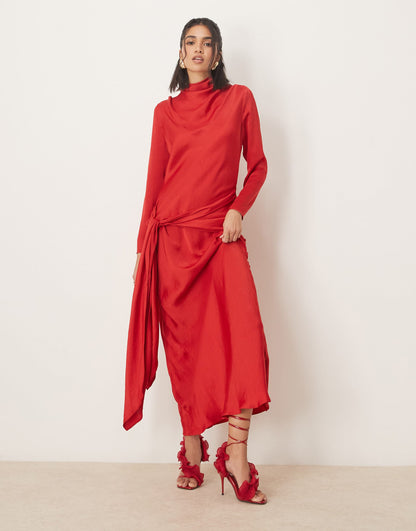 Long Sleeve Satin Tie Front Maxi Dress