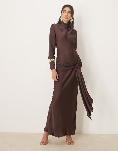 Long Sleeve Satin Tie Front Maxi Dress