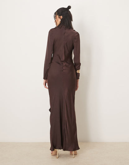 Long Sleeve Satin Tie Front Maxi Dress