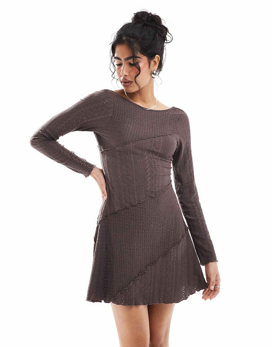 Mixed Texture Long Sleeve Scoop Back Dress