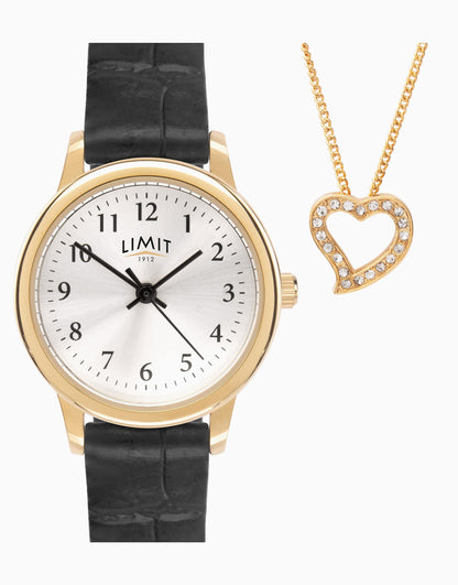 Classic 26Mm Womens Round Black Analogue Watch Gift Set
