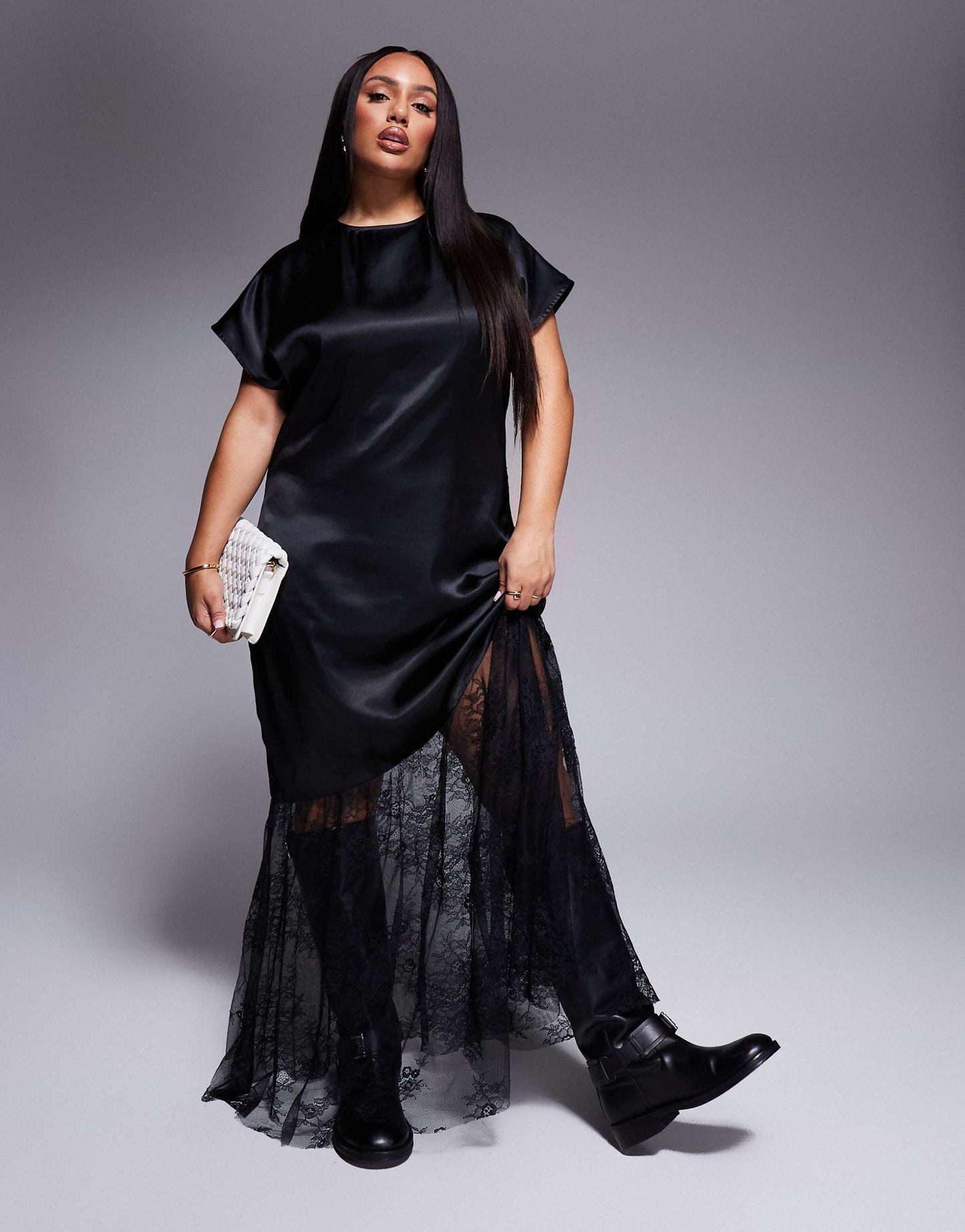 Curve Satin And Lace Mix Maxi T Shirt Dress