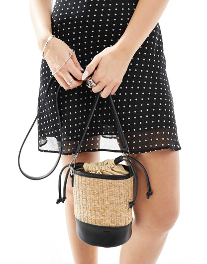 Straw Grab Bucket Bag With Crossbody Strap