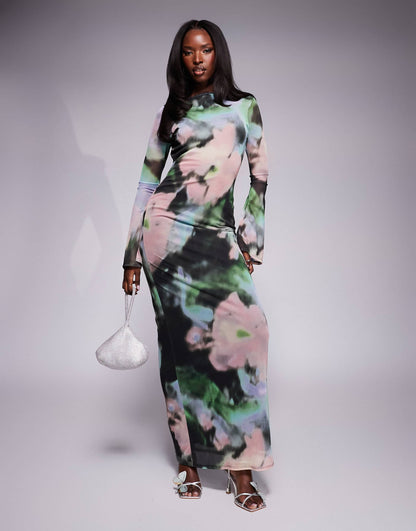 Low Back Floral Mesh Maxi Dress With Angel Sleeves