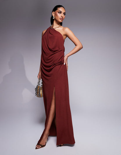 Slinky One Shoulder Drape Maxi Dress