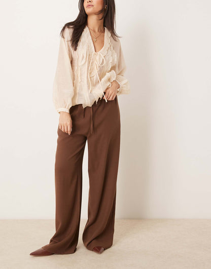 Linen Look Tailored Tie Waist Pull On Trouser