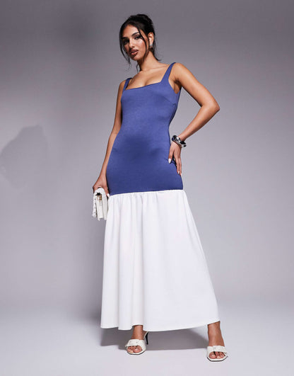 Exclusive Square Neck Contrast Drop Waist Maxi Dress