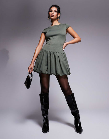 Exclusive Ponte Puff Ball Cap Sleeve Mini Dress