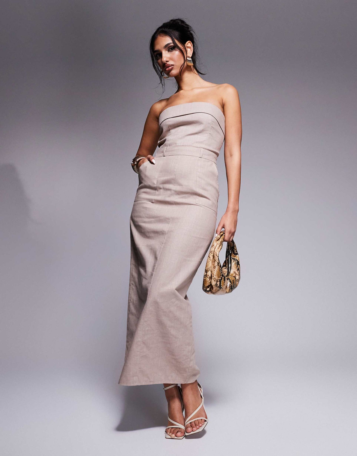 Exclusive Linen Tailored Fold Over Bandeau Back Split Maxi Dress