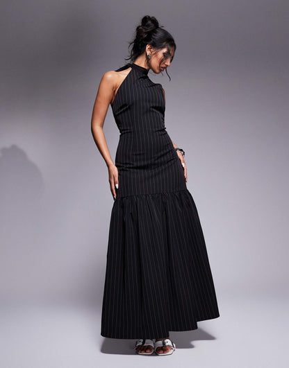 Exclusive Tie Halterneck Dropped Hem Maxi Dress