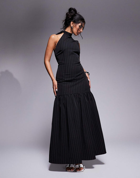 Exclusive Tie Halterneck Dropped Hem Maxi Dress