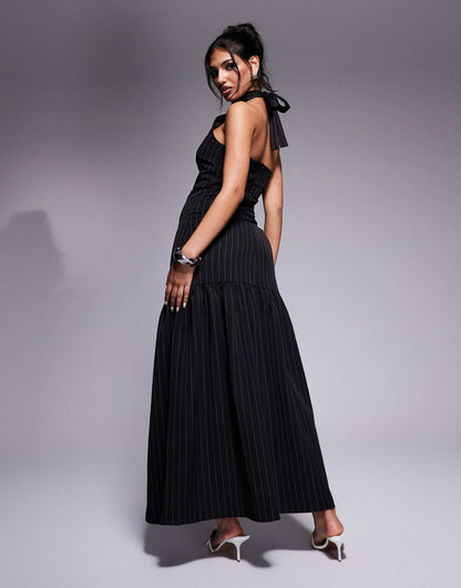 Exclusive Tie Halterneck Dropped Hem Maxi Dress
