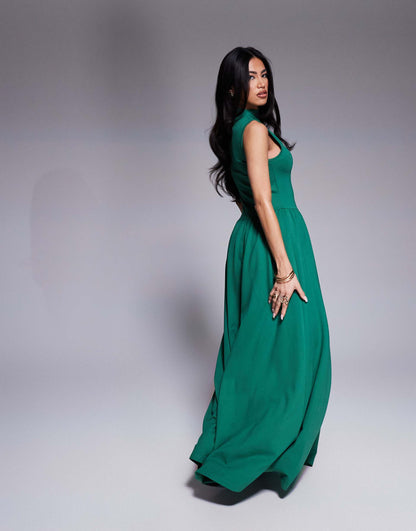 Exclusive Sleeveless High Neck Gathered Skirt Maxi Dress