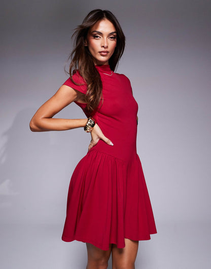 Exclusive High Neck Cap Sleeve Pleated Mini Dress