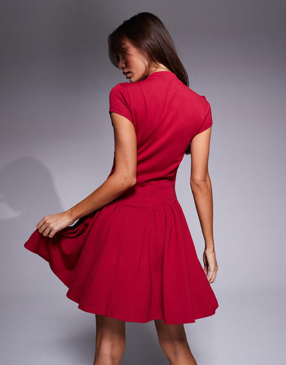 Exclusive High Neck Cap Sleeve Pleated Mini Dress