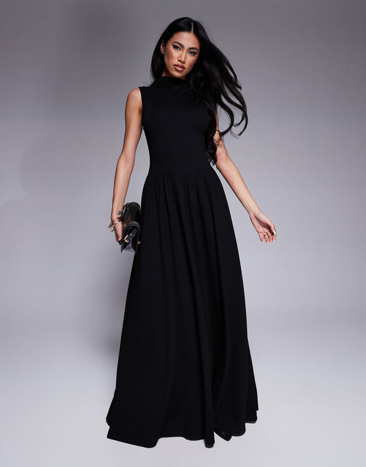 Exclusive Sleeveless High Neck Gathered Skirt Maxi Dress