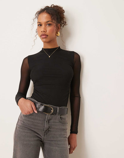 Mesh Ruched Side Long Sleeve Thong Bodysuit