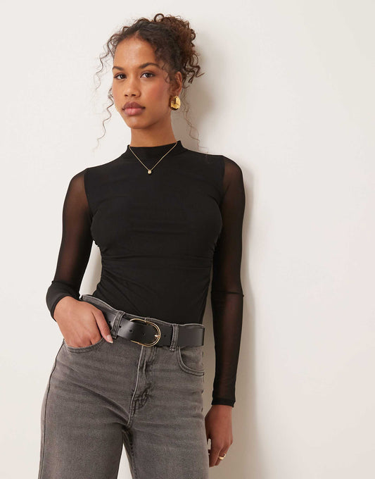 Mesh Ruched Side Long Sleeve Thong Bodysuit