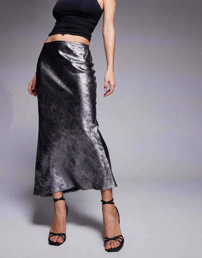 Foil Satin Midi Skirt