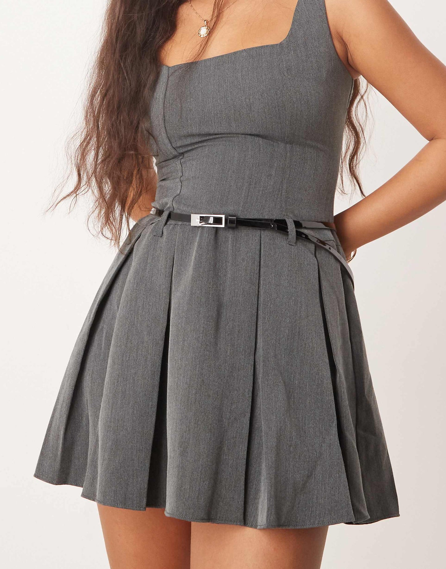 Pleated Skirt Belted Mini Dress