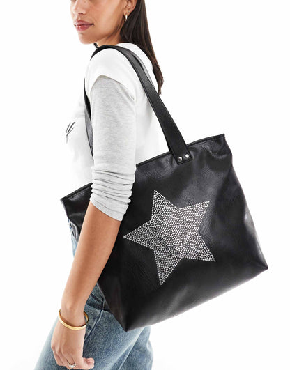 Faux Leather Tote With Star Embelishment