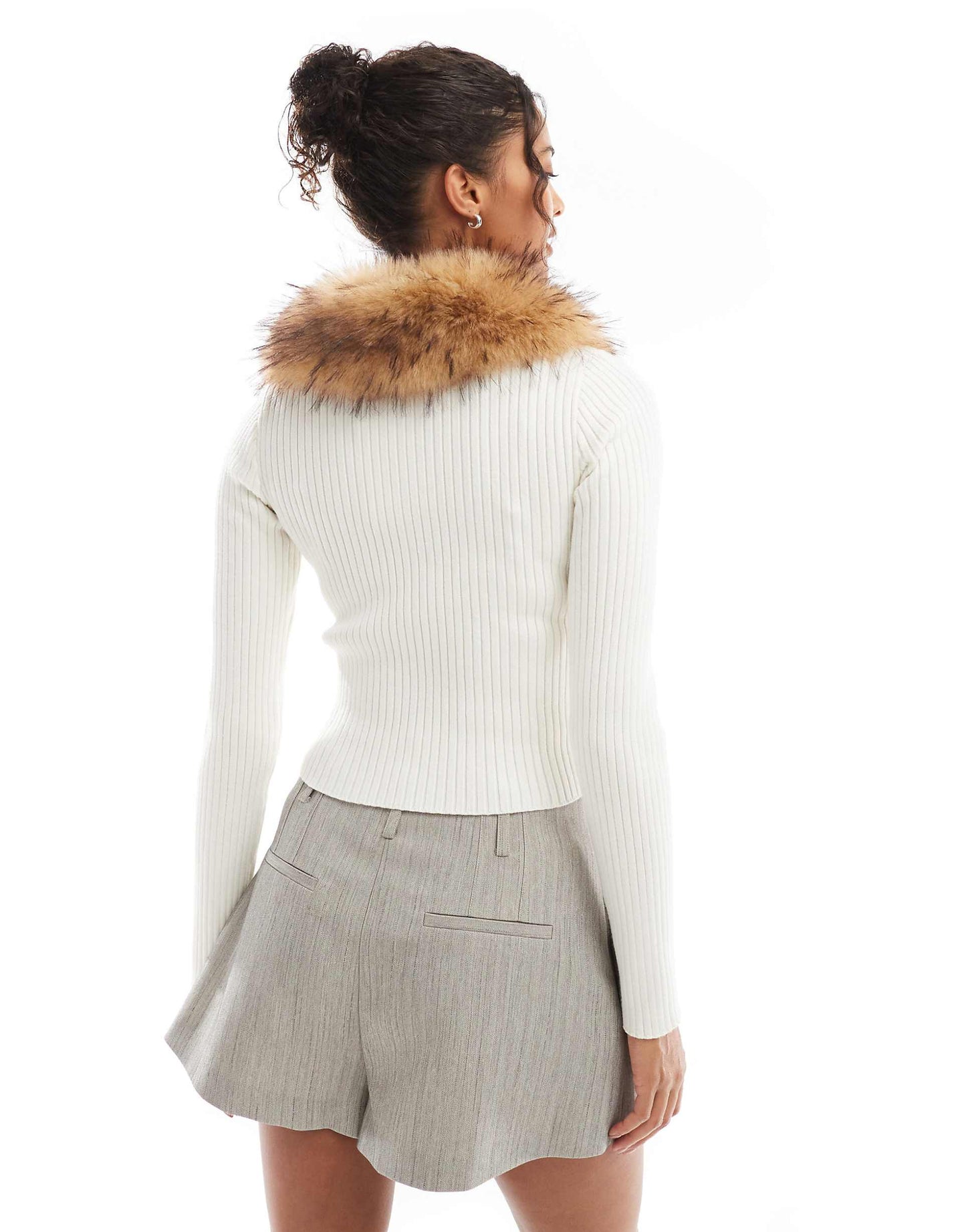 Faux Fur Collar Zip Up Knitted Top