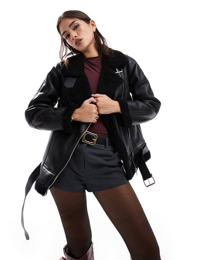 Faux Leather Oversized Aviator Jacket