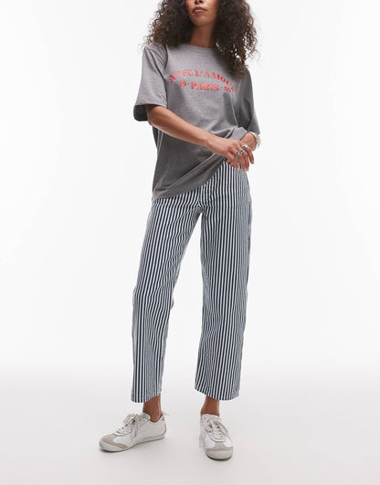 Stripe Cropped Mid Rise Straight Leg Trouser