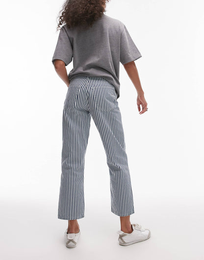 Stripe Cropped Mid Rise Straight Leg Trouser