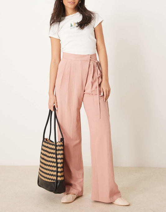 Linen Tie Front Wide Leg Trousers