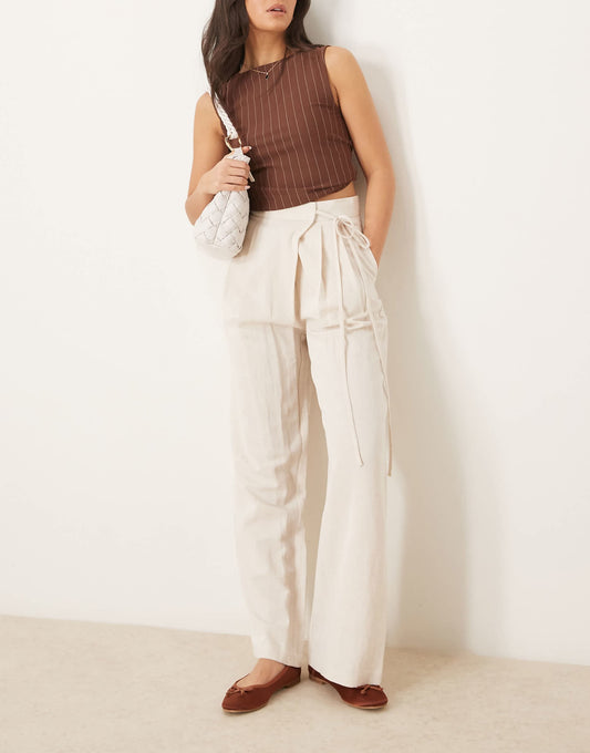 Linen Tie Front Wide Leg Trousers