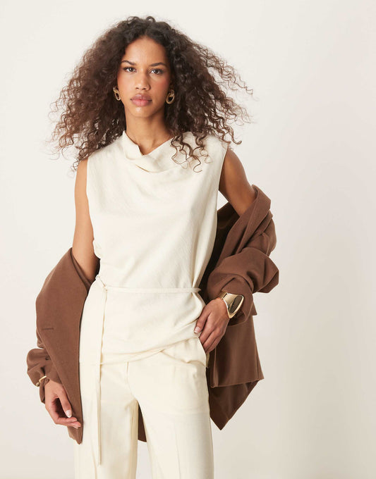 Tailored Draped Sleeveless Cowl Neck Linen Look Top Co-Ord