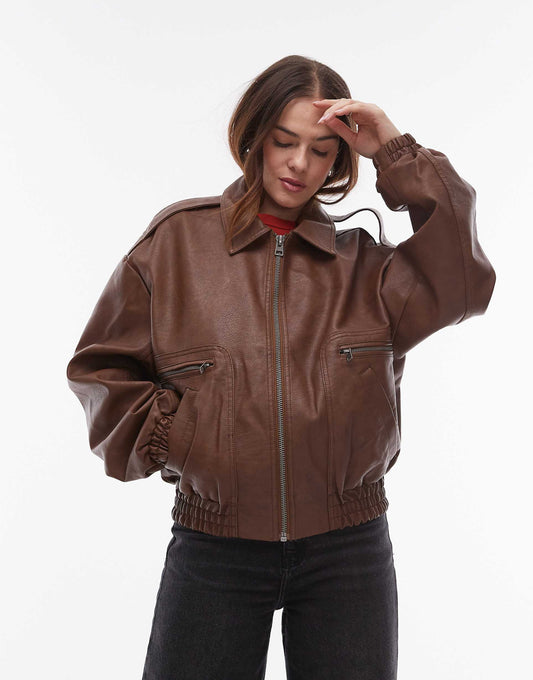 Faux Leather Oversized Bomber Jacket