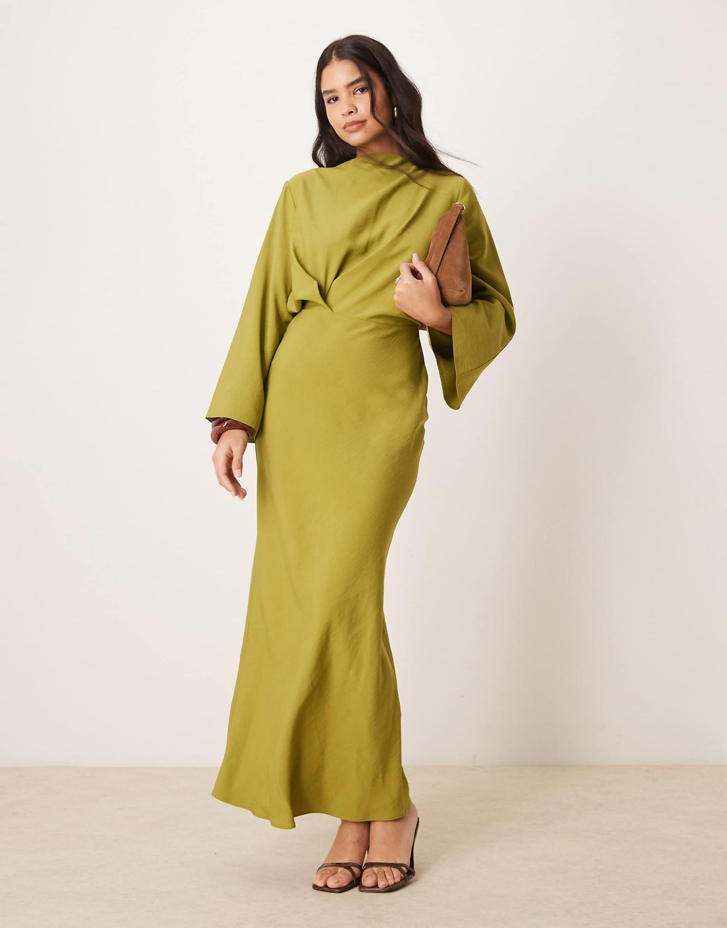 Long Sleeve Tucked Waist Bias Maxi Dress