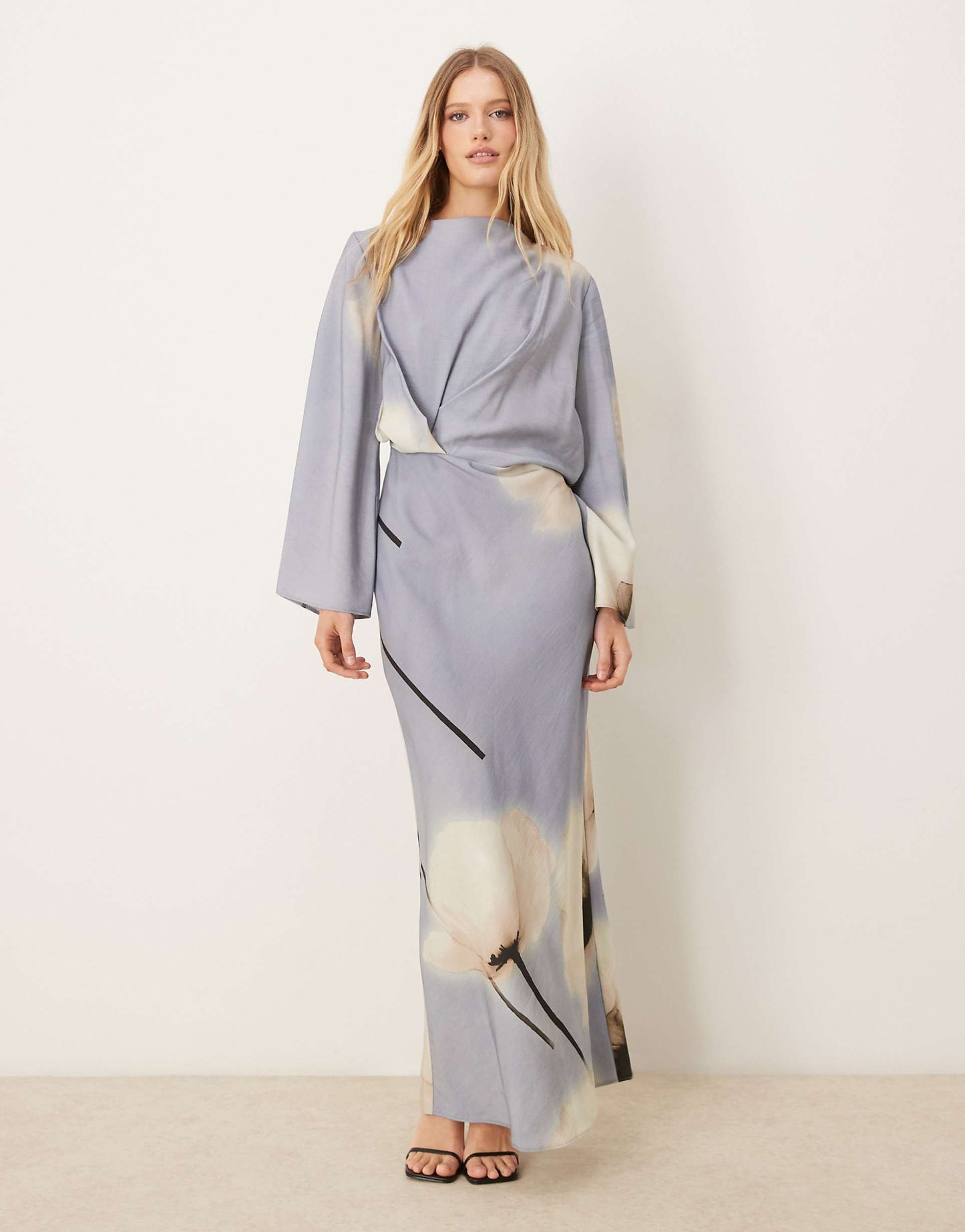 Long Sleeve Tucked Waist Bias Maxi Dress