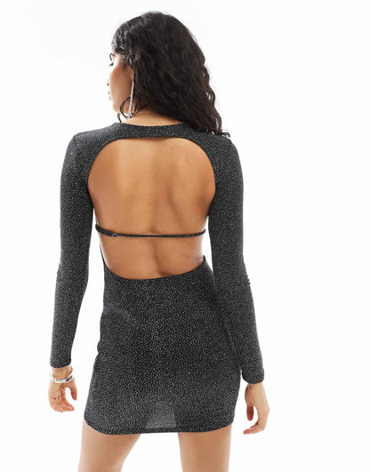 Long Sleeved Glitter Mini Dress With Back Strap Detail