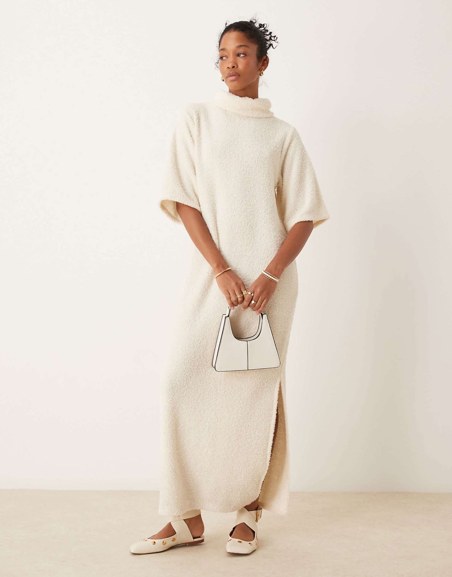 Fluffy Roll Neck Boxy Midi T-Shirt Dress