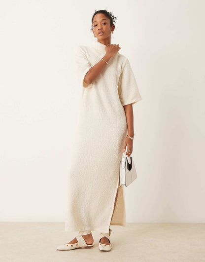 Fluffy Roll Neck Boxy Midi T-Shirt Dress