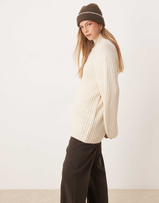 Knitted Funnel Neck Jumper With Structured Sleeve