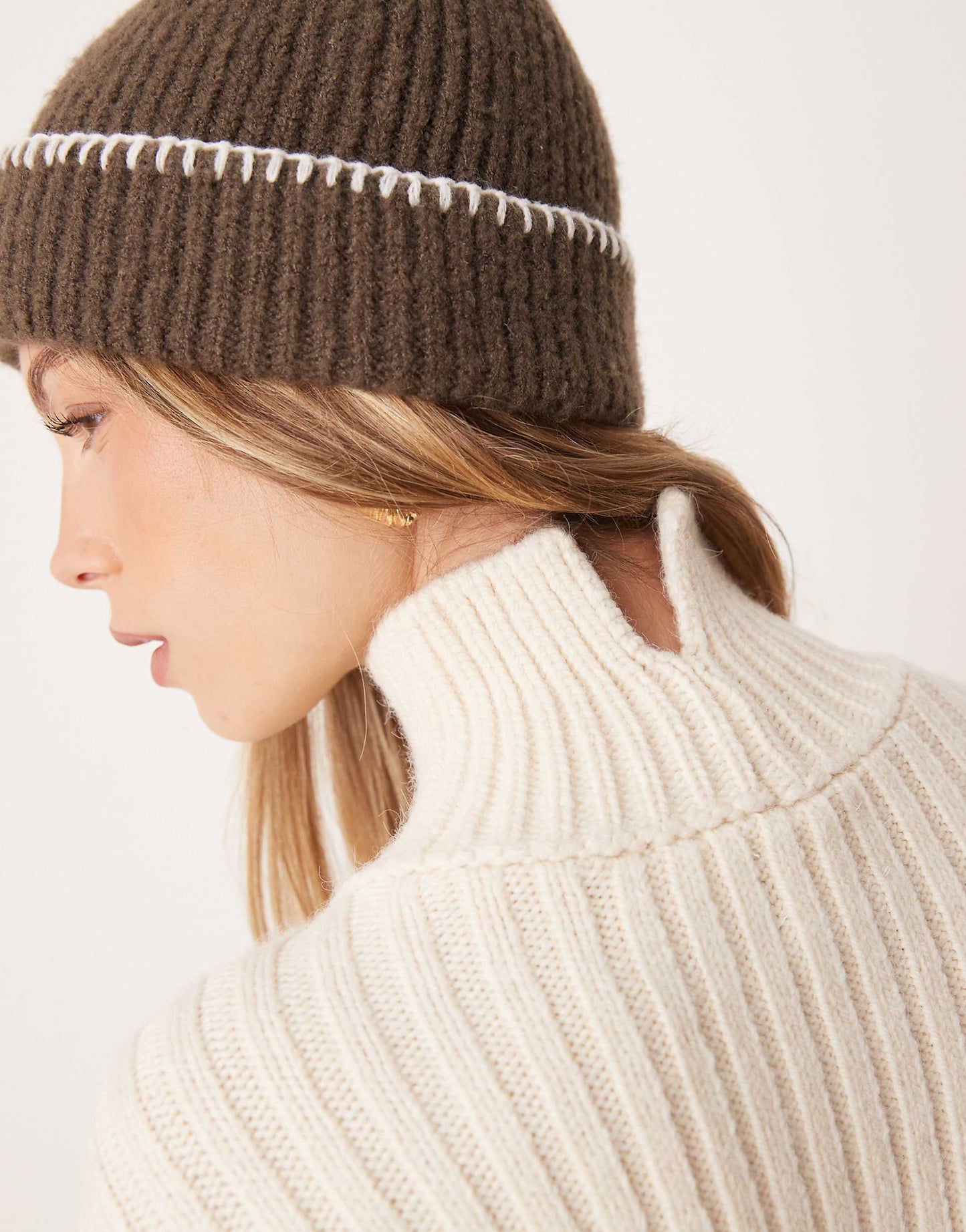 Knitted Funnel Neck Jumper With Structured Sleeve