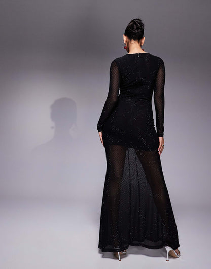 Rhinestone Embellished Mesh Maxi Dress