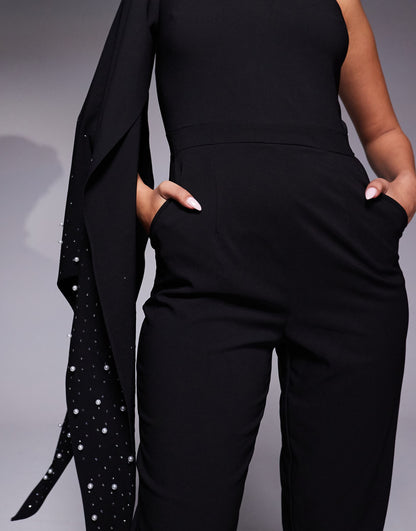 Ombre Embellished One Shoulder Cape Jumpsuit