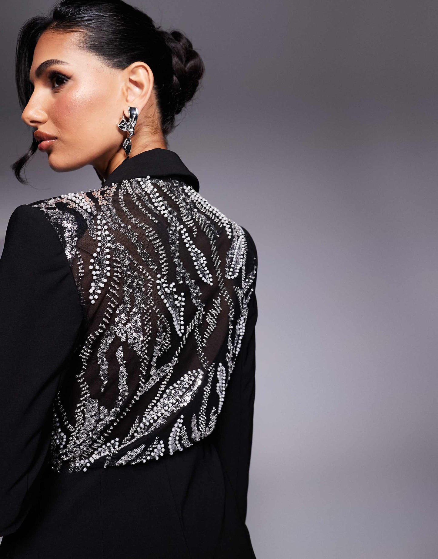 Bonded Satin Blazer Dress With Embellished Mesh Back