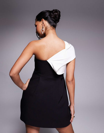 Monochrome Twisted One Shoulder Mini Dress