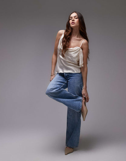 Double Strap Satin Cami With Ruffle