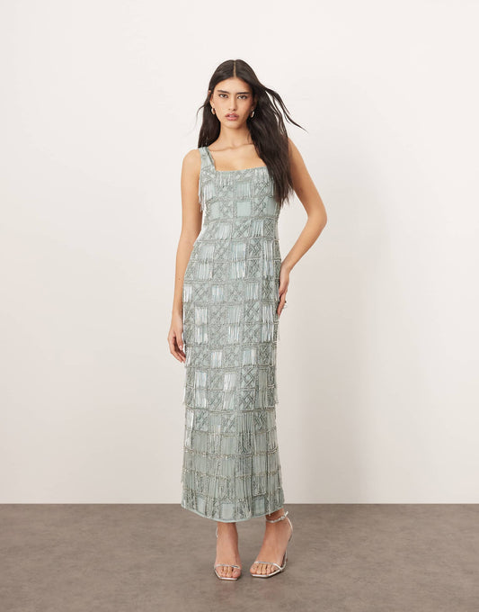 Grid Embellished Square Neck Maxi Dress With Fringe Detail