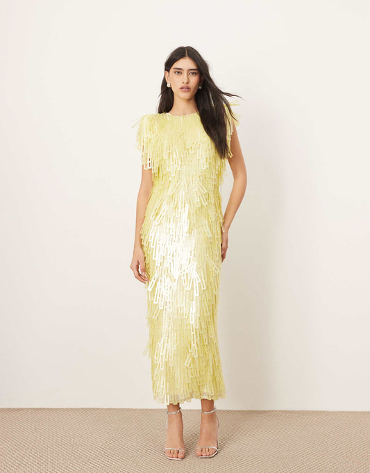 Embellished Geo Sequin Shoulder Pad Midi Dress